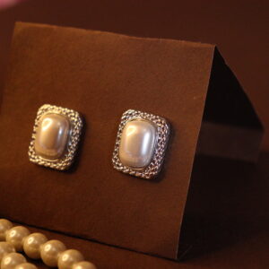Silver Square White Pearl Stud Earrings