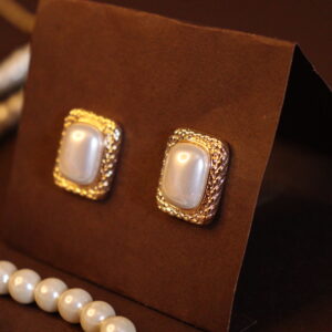 Gold Square White Pearl Stud Earrings